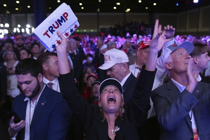 Supporters watch returns at a campaign election night watch party for Republican presidential nominee former President Donald Trump at the Palm Beach Convention Center.