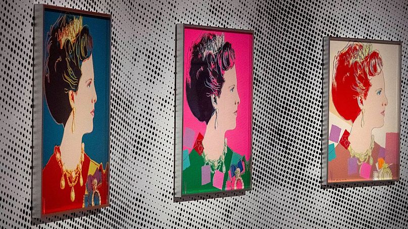 Four artworks depicting Margrethe II of Denmark, part of a series titled Reigning Queens by Andy Warhol (1985).