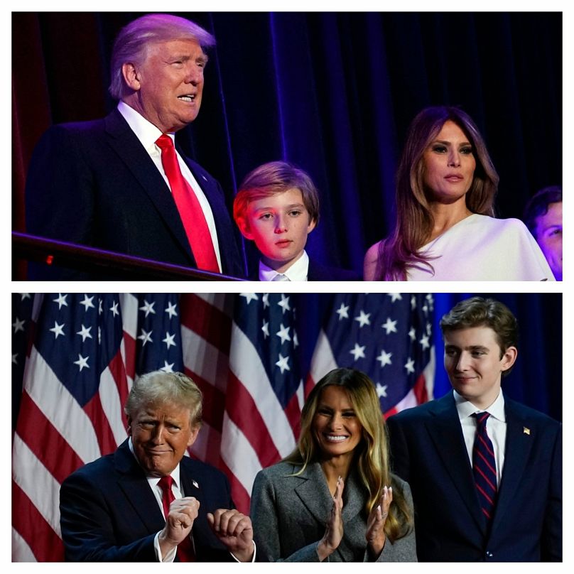 A Trump család Donald választási győzelmét ünnepli 2016-ban (felül) és 2024-ben (alul)