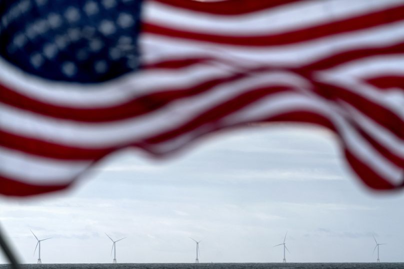 Five turbines at America's first offshore wind farm in Rhode Island. 