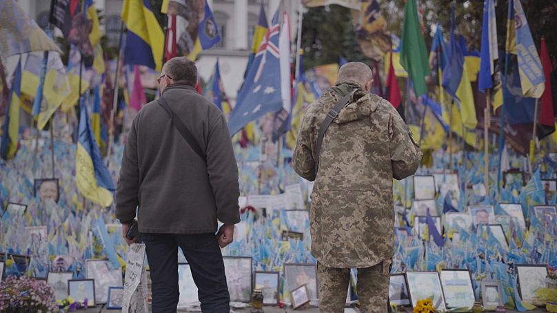 Ukrainians stand side by side at memorial for fallen soldiers in Maidan Square in Kyiv. 05/11/2024 UKRAINE.