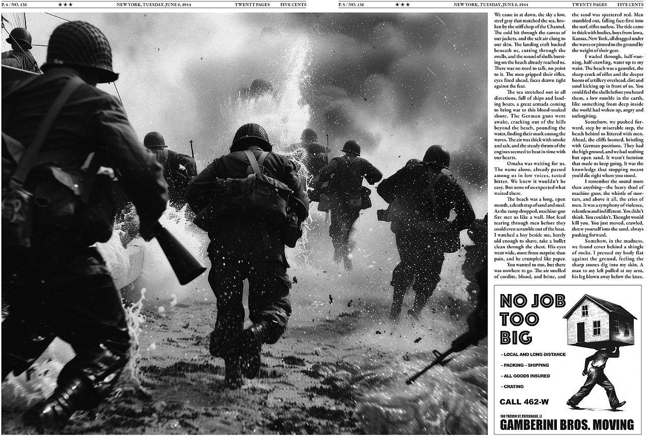 An AI generated image and newspaper article as part of Phillip Toledano's 'We Are At War' series