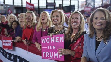 Women for Republican presidential nominee former President Donald Trump show their support as he arrives to speak during a campaign rally at J.S. Dorton Arena, Nov. 4, 2024 Women for Republican presidential nominee former President Donald Trump show their support as he arrives to speak during a campaign rally at J.S. Dorton Arena, Nov. 4, 2024