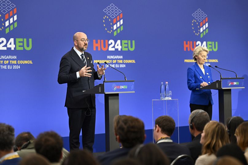 Il presidente del Consiglio europeo Charles Michel e la presidente della Commissione europea Ursula von der Leyen, Budapest, Ungheria, 8 novembre 2024