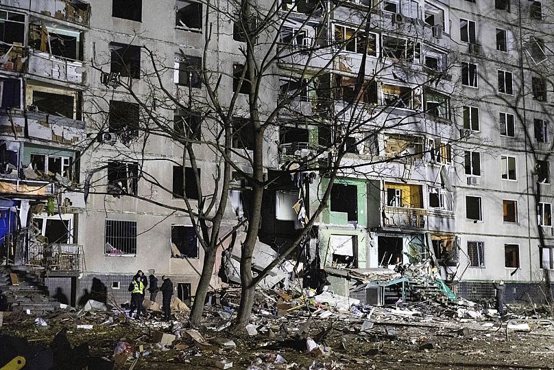 An apartment building is seen damaged by a Russian attack in Kharkiv, 8 November, 2024