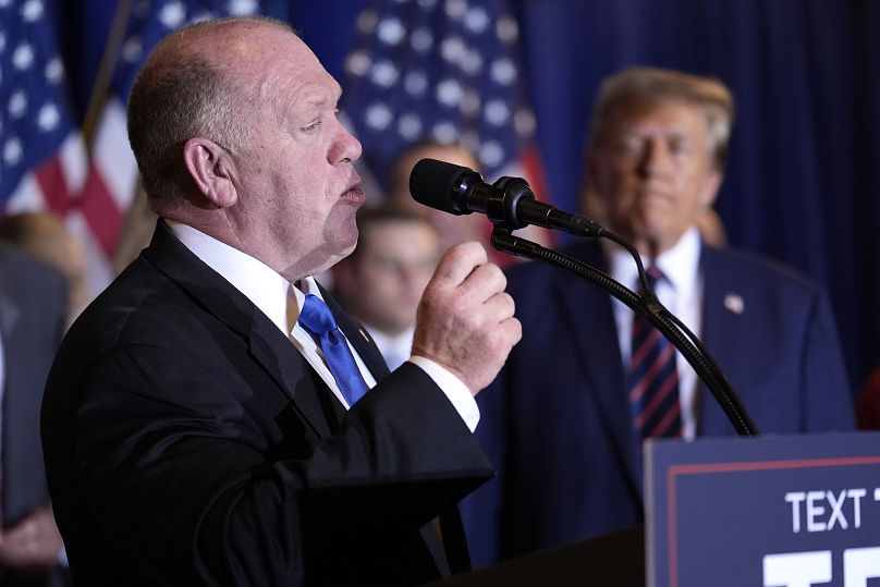 Tom Homan speaks at a primary election night party in Nashua, United States.