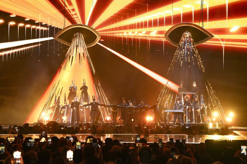 Neil Tennant, left, and Chris Lowe from the 'Pet Shop Boys' perform alongside the Manchester Camerata during the MTV European Music Awards in Manchester