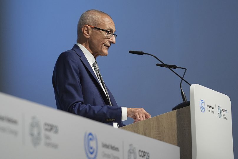 John Podesta, US climate envoy, speaks during a news conference at COP29.