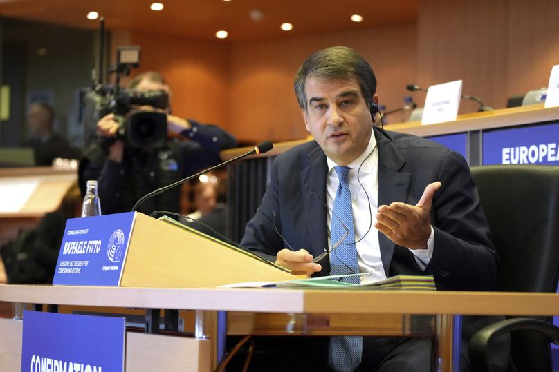 Raffaele Fitto, candidato commissario europeo e vicepresidente esecutivo per la coesione e le riforme, durante l'audizione al Parlamento europeo, Bruxelles, 12 novembe 2024