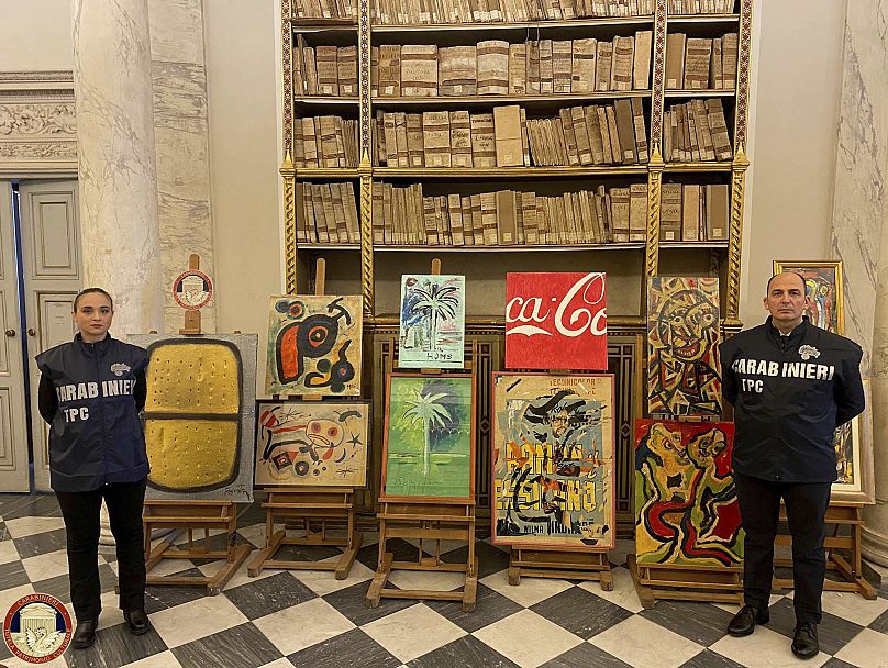 Fake modern and contemporary artworks that were sized by police are show in Rome in this handout image provided by Italy's Culture Ministry on Monday, Nov. 11, 2024