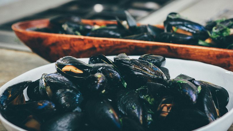 A bowl of mussels in a taverna in Skiathos, Greece