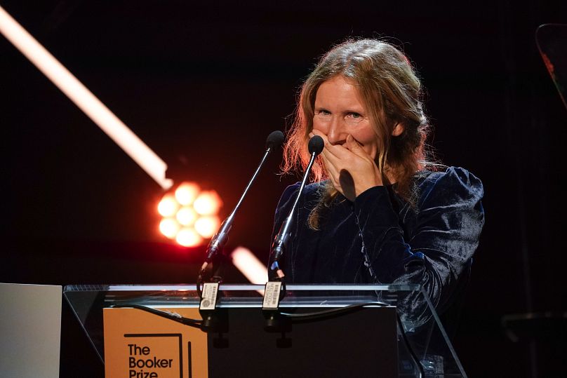 Samantha Harvey gives a speech after winning the Booker Prize award 2024, in London, Tuesday, 12 November 2024.