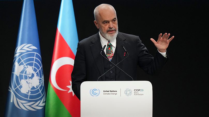 Albania Prime Minister Edi Rama speaks during a plenary session at COP29. 