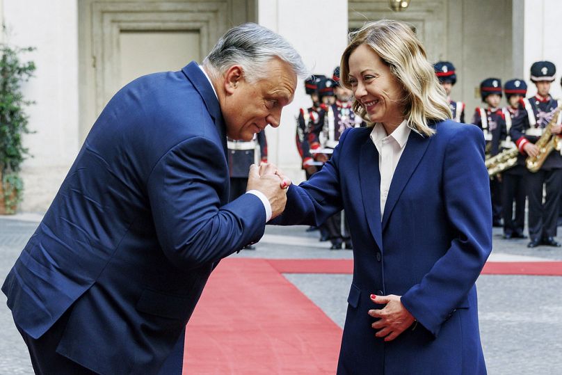 Meloni Orbán Viktorral a Chigi Palota előtt - Róma, 2024. június 24. 