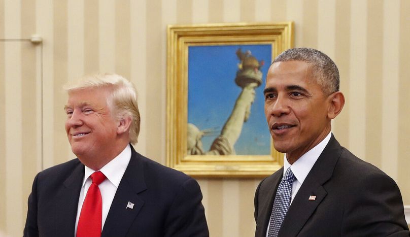 Barack Obama elnök fogadja Donald Trump megválasztott elnököt a washingtoni Fehér Házban 2016. november 10-én