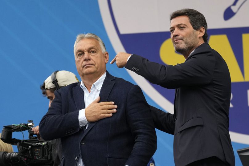 Hungarian Prime Minister Viktor Orban and Andre Ventura, leader of Portugal far-right party Chega, at Lega's annual gathering in Pontida, October 2024 