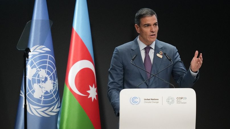 El primer ministro español, Pedro Sánchez, habla durante una sesión plenaria en la Cumbre del Clima de la ONU COP29, el martes 12 de noviembre de 2024, en Bakú, Azerbaiyán.