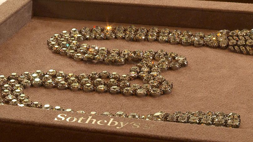 The 18th century 300 carat diamond jewel necklace display at Sotheby's in London.