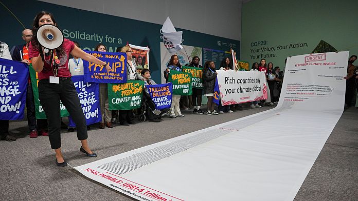 In pictures: Activists unravel 10m itemised invoice for climate damages at COP29