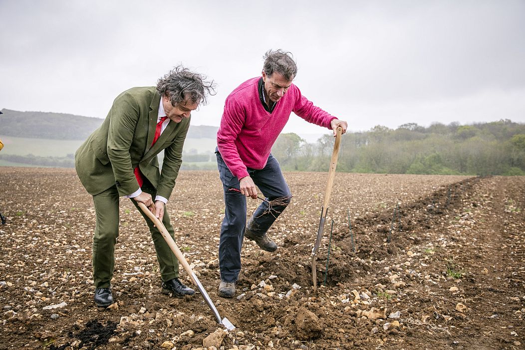Ceremonial dig with L-R Pierre-Emmanuel Taittinger and Patrick McGrath MW 