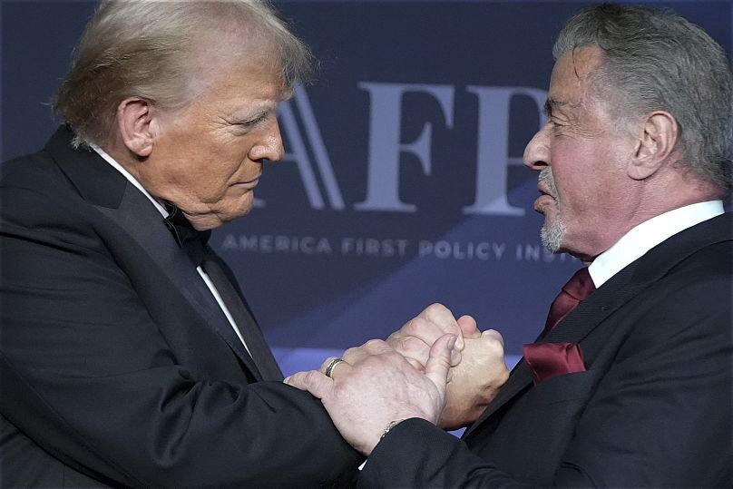 Donald Trump greets actor Sylvester Stallone during an America First Policy Institute gala at his Mar-a-Lago estate - 14 November 2024