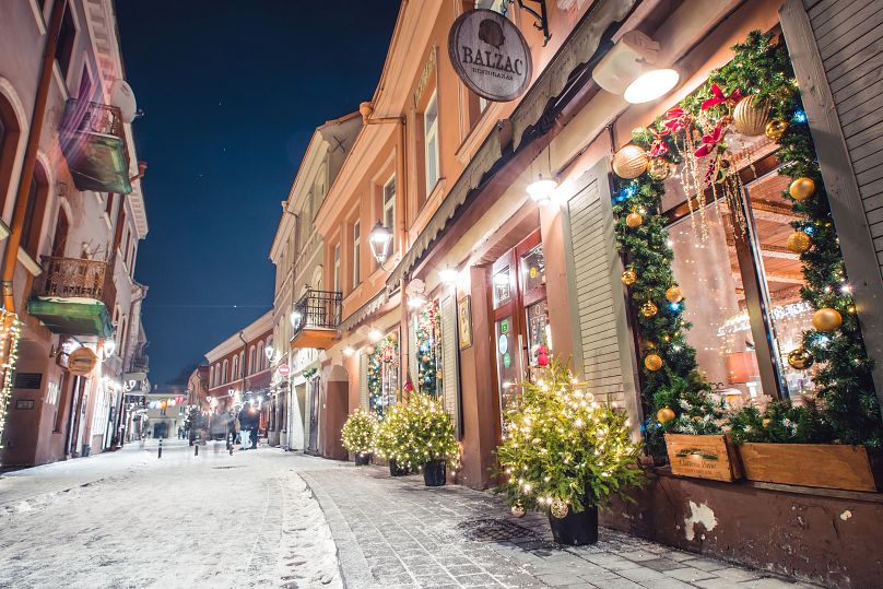 The snowy and decorated streets of Vilnius