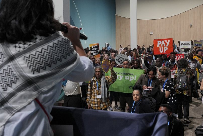 Activists participate in a demonstration at COP29. 