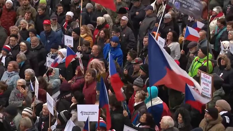 Tschechische Bürger protestieren in Prag gegen die tschechische Hilfe für die Ukraine, 17. November 2024