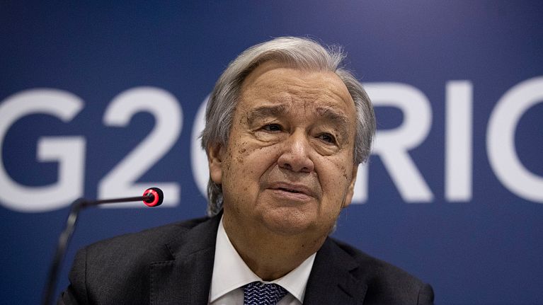 UN Secretary-General António Guterres attends a press conference a day before the opening of the G20 Summit, in Rio de Janeiro, Sunday, Nov. 17, 2024.