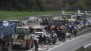 Farmers block a highway to protest the EU-Mercosur trade agreement, Monday, Nov. 18, 2024 in Velizy-Villacoublay outside Paris.