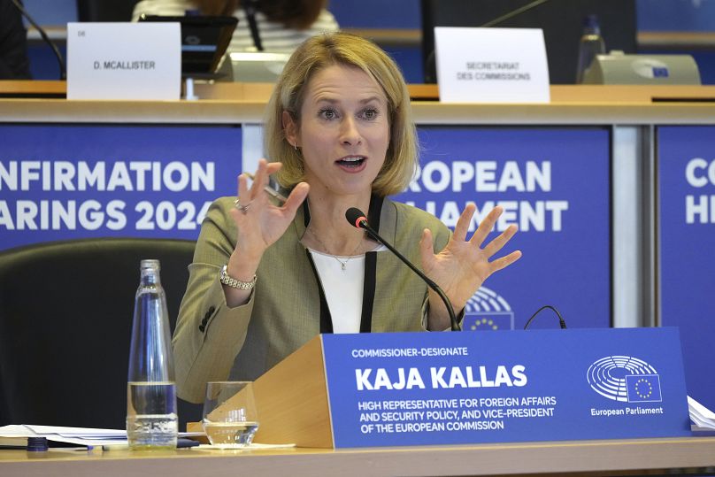 Kaja Kallas, candidate au poste de cheffe de la diplomatie européenne, s'exprime lors de son audition au Parlement européen à Bruxelles, le mardi 12 novembre 2024.