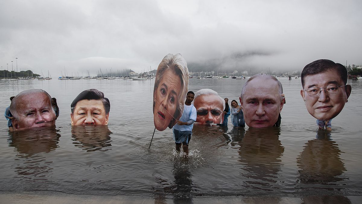 Activists from a Brazilian Indigenous movement during a protest aimed at drawing the attention on the global climate crisis to leaders attending the G-20 summit.