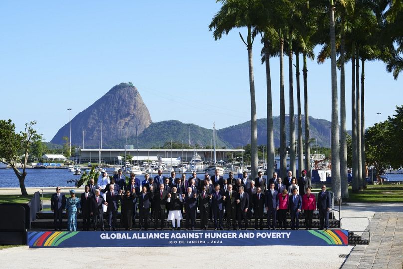 G20 leaders take part in a Family Photo at the G20 Summit in Rio de Janeiro, Brazil on Monday, Nov. 18, 2024.