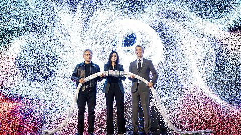 Nvidia CEO Jensen Huang (L, joins Denmark's King Frederik and Nadia Carlsten CEO of Danish Centre for AI Innovation A/S to power on the supercomputer Gefion  in Denmark