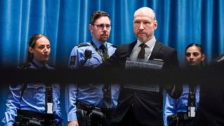 Anders Behring Breivik arrives at the courtroom for day one of the court's processing of Fjotolf Hansen's petition for parole on 19 November 2024.