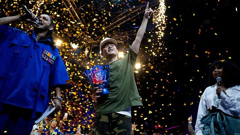 MT Pop of Vietnam celebrates his victory of the Red Bull Dance Your Style World Final at NSCI in Mumbai