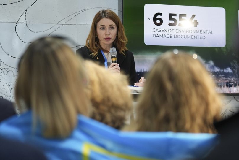 Ukraine's Svitlana Grynchuk speaks at an event marking 1,000 days of war at COP29.