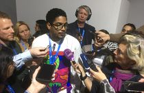 Michai Robertson speaks to the press at COP29, Baku