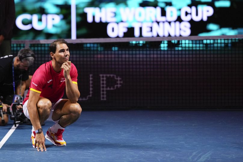 Lo spagnolo Rafael Nadal dopo aver giocato la sua ultima partita da tennista professionista nei quarti di finale di Coppa Davis, Malaga, Spagna, 20 novembre 2024