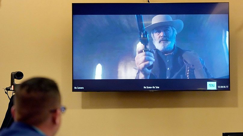 A video scene from the film, "Rust" showing actor Alec Baldwin is viewed during a hearing in his involuntary manslaughter trial, in District Court in Santa Fe, N.M.