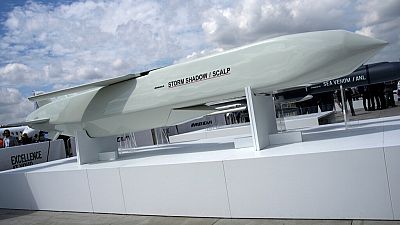 The Storm Shadow cruise missile is on display during the Paris Air Show in Le Bourget, north of Paris, France, on June 19, 2023.