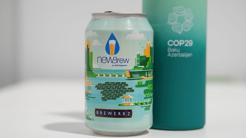 A NEWBrew beer, made with treated wastewater, is displayed at the COP29 summit Baku.