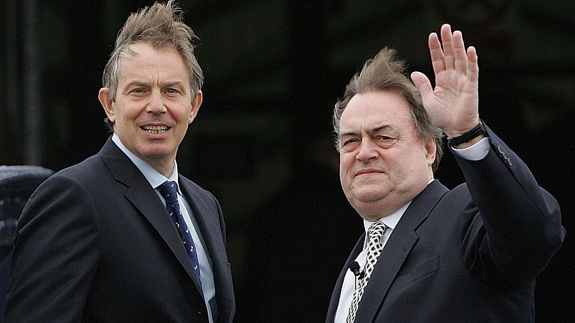 Britain's Prime Minister Tony Blair, left, turns towards the media with his Deputy John Prescott, on the pier at Gravesend in Kent, England on 31 March 2005.