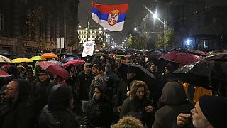 People march during a protest following collapse of a concrete canopy at the railway station in Novi Sad that killed 14 people, in Belgrade, Serbia, Monday, Nov. 11, 2024.