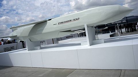 The Storm Shadow cruise missile is on display during the Paris Air Show in Le Bourget, north of Paris, France, Monday, June 19, 2023