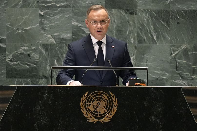 President of Poland Andrzej Duda addresses the 79th session of the United Nations General Assembly, Tuesday, Sept. 24, 2024. 
