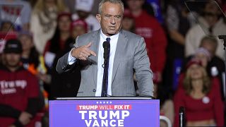 Robert F Kennedy Jr, Donald Trump's pick to lead the US health department, speaks during a Trump rally ahead of the 2024 election.