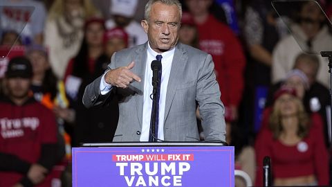 Robert F Kennedy Jr, Donald Trump's pick to lead the US health department, speaks during a Trump rally ahead of the 2024 election.