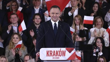 Karol Nawrocki, the head of Poland's state historical institute, speaks at a rally in Krakow, 24 November, 2024