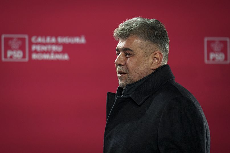 Romanian Prime Minister Marcel Ciolacu arrives to watch exit polls shortly before voting closed in Bucharest, 24 November, 2024